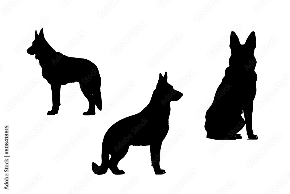 Set of 3 German Shepherd silhouette 1 is standing and 2 are sitting pose