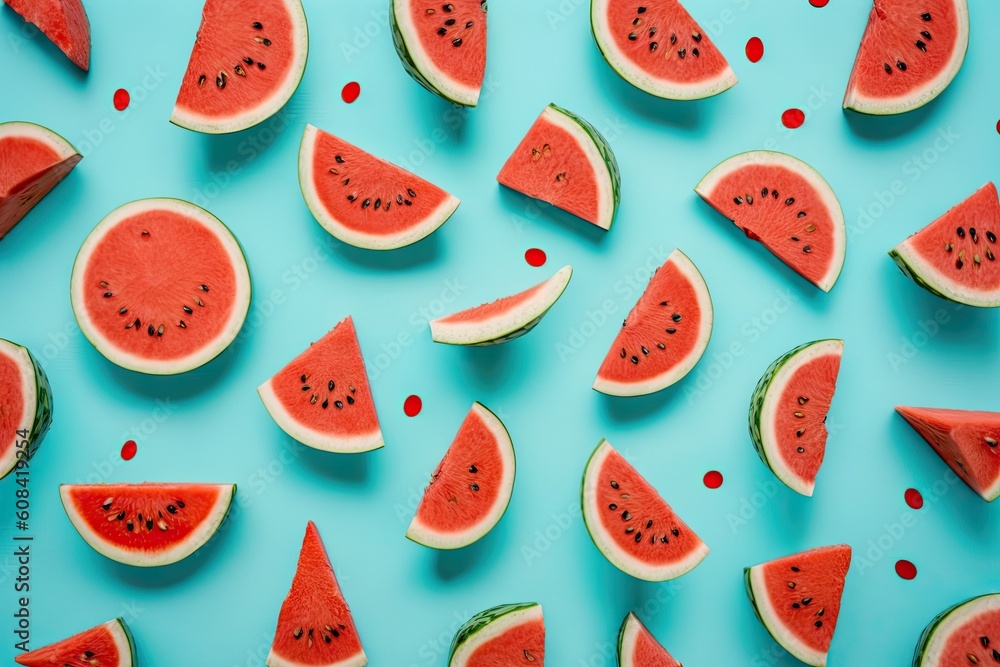 Watermelon pattern. Watermelon in red on a blue background. Summer is the topic. Top view, flat lay, and copy space. Generative AI Watermelon pattern. Watermelon in red on a blue background. Summer is the topic. Top view, flat lay, and copy space. Generative AI