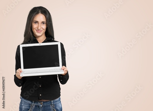 Young happy employee woman use laptop computer