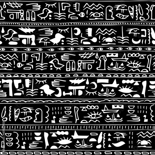 Black-white vintage striped seamless  pattern egyptian pattern with ethnic and tribal theme motifs. Ink retro drawing for textile, fabric, notebook covers, clothes