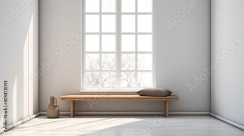 A peaceful wooden bench by the window. Generative ai © LabirintStudio
