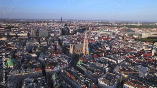 Aerial panoramic drone view of Vienna old town at sunset, with the Catholic St. Stephen's Cathedral (Stephansdom), the national symbol of Austria, UNESCO World Heritage Site, Vienna