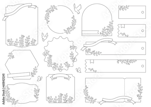 シンプルな植物の線画フレームセット　リボン以外の白フチなし