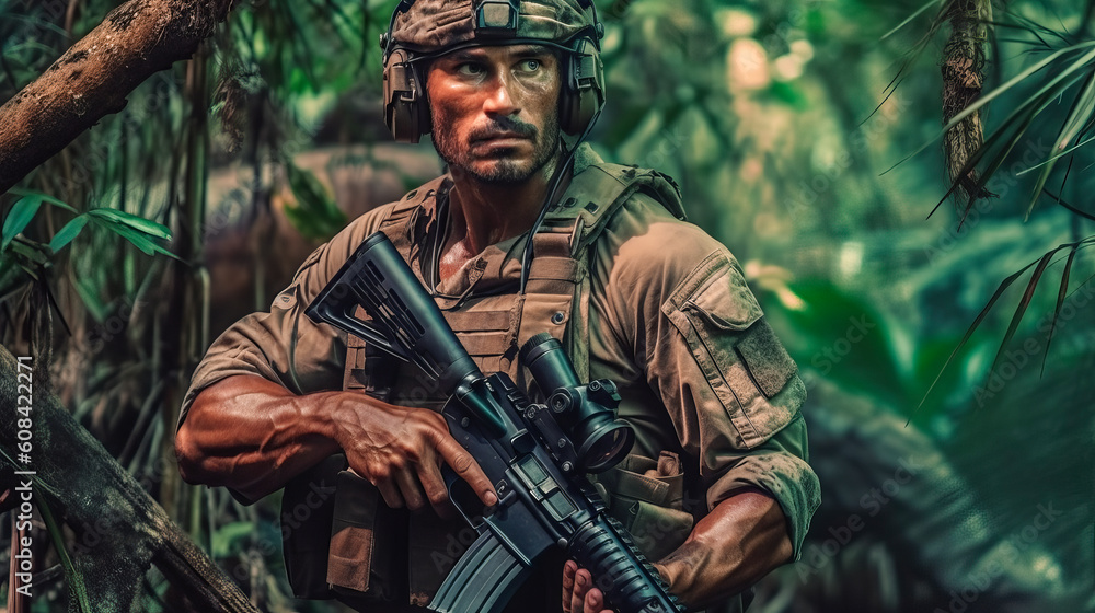 A military man walks through the jungle with a gun. Generative Ai
