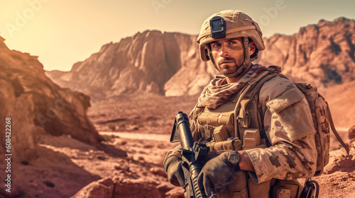 An American military man with a gun in his hands stands against the background of the desert and rocky mountains. Generative Ai