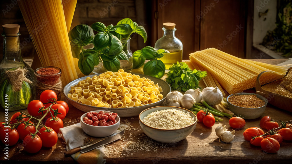 Ingredients for Italian pasta with tomatoes, cheese, garlic, spices