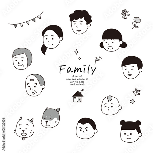 さまざまな年代の男女と動物の家族　1c　b
