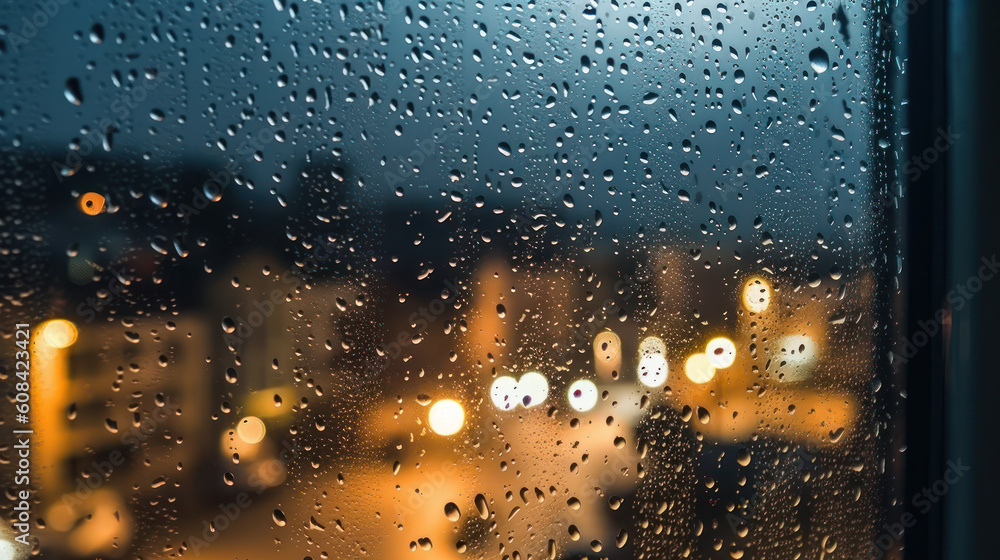 Glimmers of Life: Raindrops on a Window Pane, Amidst a Serene Residential Area at Night. Generative AI