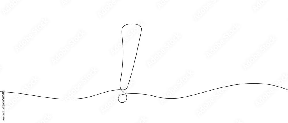 Exclamation mark linear background. One continuous line drawing of exclamation mark. Vector illustration. Exclamation point isolated Exclamation mark linear background. One continuous line drawing of exclamation mark. Vector illustration. Exclamation point isolated