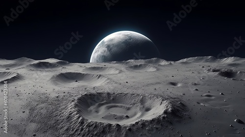 The lunar landscape as seen from the surface of the moon. Generative ai photo