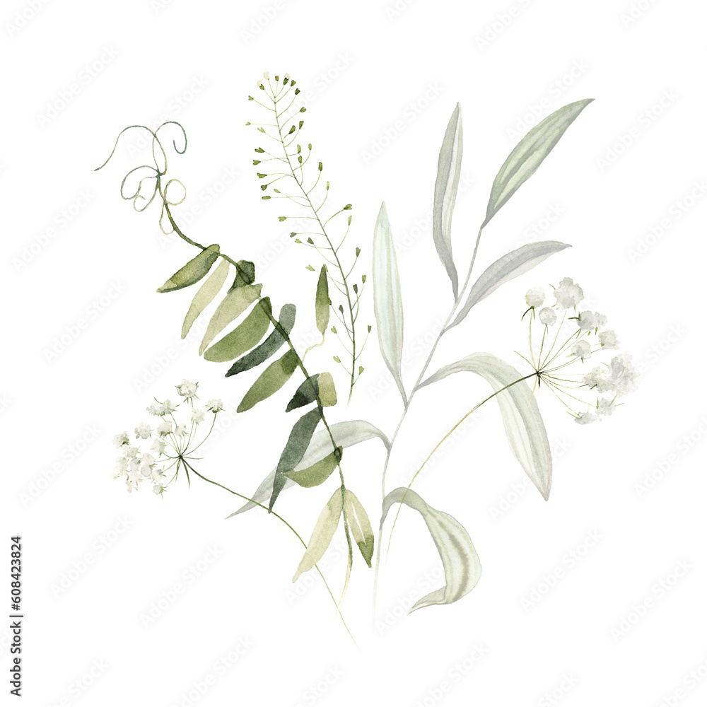Fototapeta premium Wild herbs field flowers plants. Watercolor bouquet - illustration with green leaves, branches and colorful buds. Wedding stationery, wallpapers, fashion, backgrounds, prints, pattern. Wildflowers.