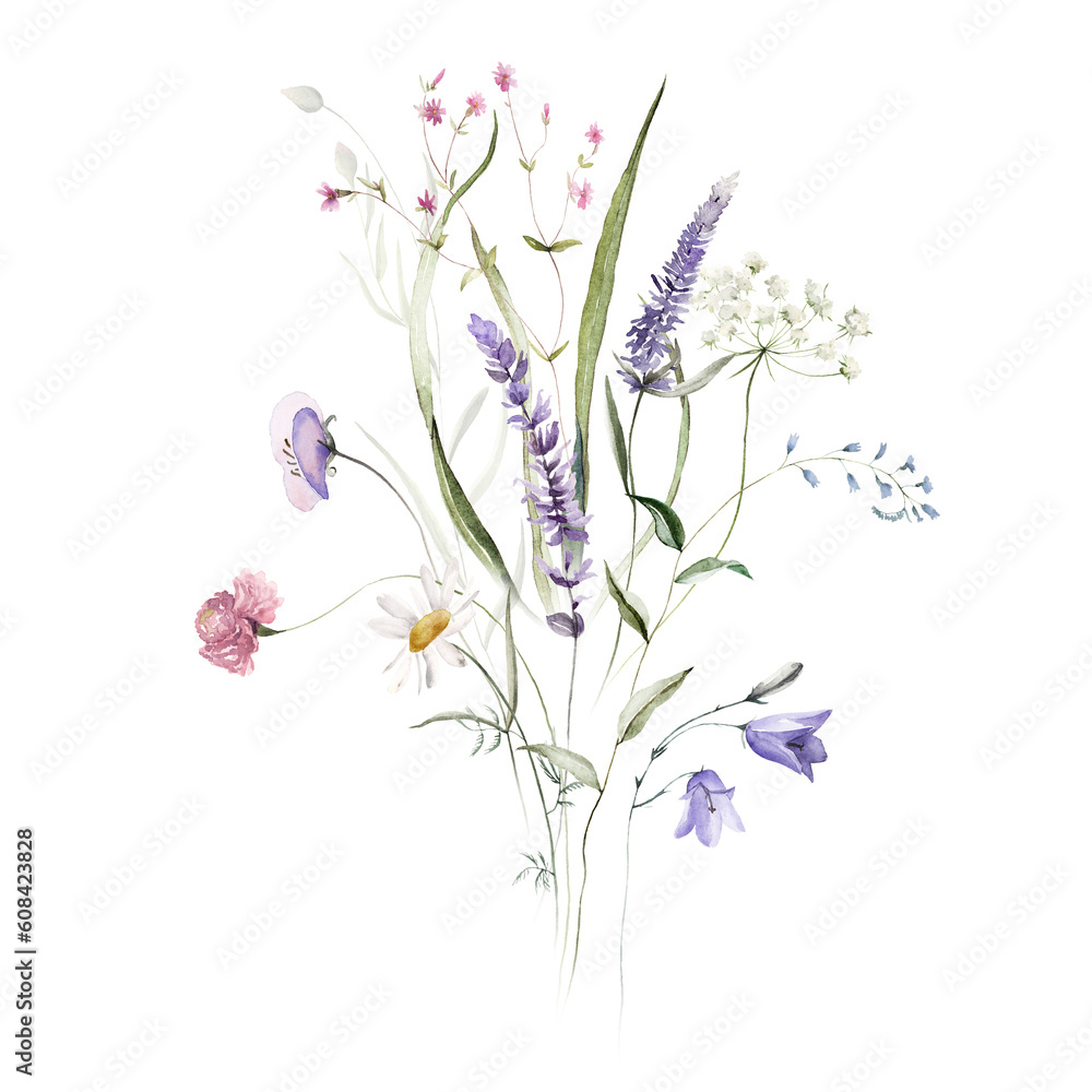 Wild herbs field flowers plants. Watercolor bouquet - illustration with green leaves, branches and colorful buds. Wedding stationery, wallpapers, fashion, backgrounds, prints, pattern. Wildflowers. Wild herbs field flowers plants. Watercolor bouquet - illustration with green leaves, branches and colorful buds. Wedding stationery, wallpapers, fashion, backgrounds, prints, pattern. Wildflowers.