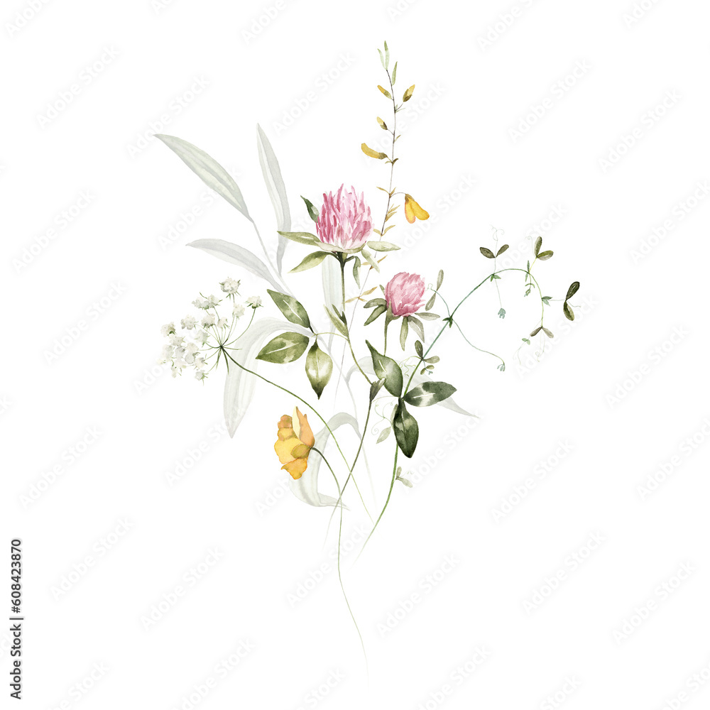 Wild herbs field flowers plants. Watercolor bouquet - illustration with green leaves, branches and colorful buds. Wedding stationery, wallpapers, fashion, backgrounds, prints, pattern. Wildflowers.