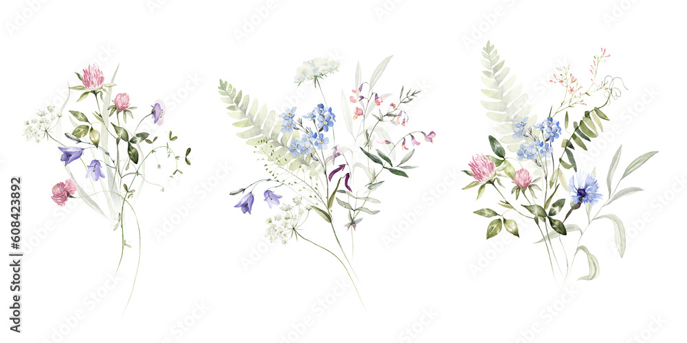 Wild field herbs flowers plants. Watercolor bouquet collection - illustration with green leaves, branches and colorful buds. Wedding stationery, wallpapers, fashion, backgrounds, prints. Wildflowers.