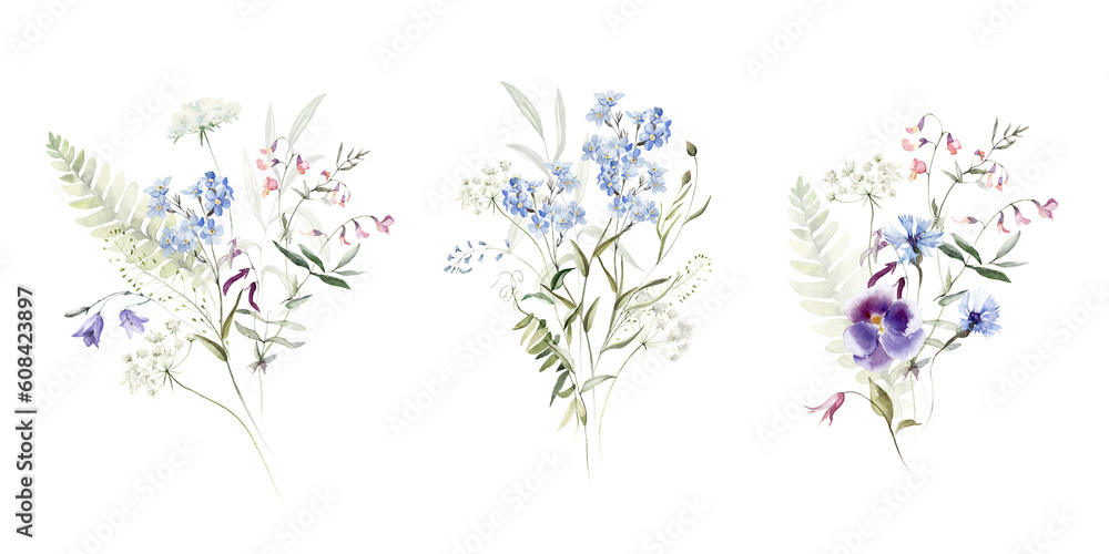 Wild field herbs flowers plants. Watercolor bouquet collection - illustration with green leaves, branches and colorful buds. Wedding stationery, wallpapers, fashion, backgrounds, prints. Wildflowers.