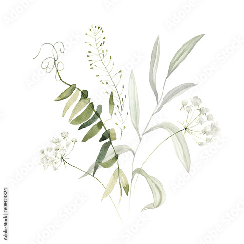 Wild herbs field flowers plants. Watercolor bouquet - illustration with green leaves  branches and colorful buds. Wedding stationery  wallpapers  fashion  backgrounds  prints  pattern. Wildflowers.