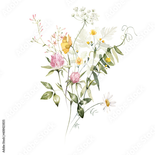Fototapeta Naklejka Na Ścianę i Meble -  Wild herbs field flowers plants. Watercolor bouquet - illustration with green leaves, branches and colorful buds. Wedding stationery, wallpapers, fashion, backgrounds, prints, pattern. Wildflowers.