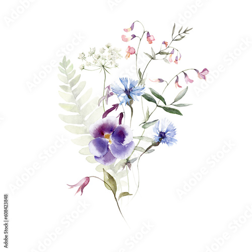 Wild herbs field flowers plants. Watercolor bouquet - illustration with green leaves  branches and colorful buds. Wedding stationery  wallpapers  fashion  backgrounds  prints  pattern. Wildflowers.