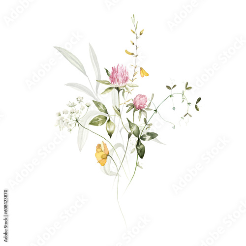 Wild herbs field flowers plants. Watercolor bouquet - illustration with green leaves, branches and colorful buds. Wedding stationery, wallpapers, fashion, backgrounds, prints, pattern. Wildflowers.