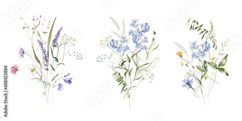 Wild field herbs flowers plants. Watercolor bouquet collection - illustration with green leaves  branches and colorful buds. Wedding stationery  wallpapers  fashion  backgrounds  prints. Wildflowers.