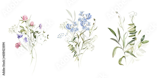 Wild field herbs flowers plants. Watercolor bouquet collection - illustration with green leaves, branches and colorful buds. Wedding stationery, wallpapers, fashion, backgrounds, prints. Wildflowers. © Veris Studio
