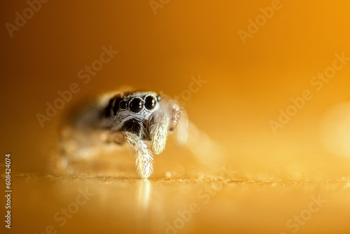 Macro  on Hyllus semicupreus Jumping Spider. This spider is known to eat small insects like grasshoppers, flies, bees as well as other small spiders. photo