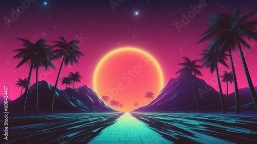 A tropical sunset with palm trees. Generative ai