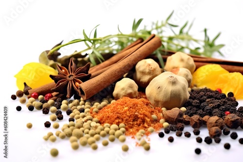 Various aromatic colorful spices and herbs.