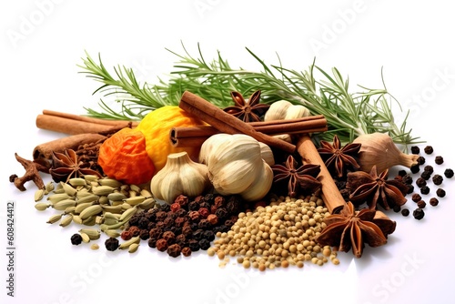 Various aromatic colorful spices and herbs.