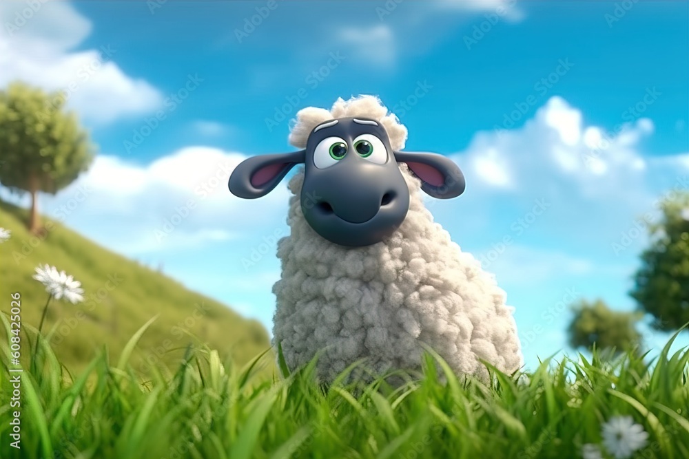 Fototapeta premium A sheep stands in the middle of a beautiful garden.