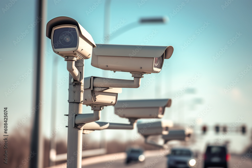 A modern surveillance camera in front of a busy road with many cars Generative IA A modern surveillance camera in front of a busy road with many cars Generative IA