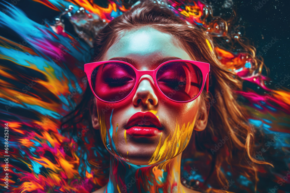 Portrait of a woman with pink sunglasses and multicolored paints in the background. AI generative art