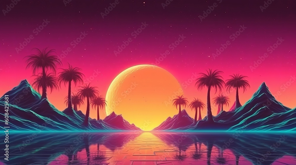Naklejka premium A picturesque sunset landscape with palm trees. Generative ai
