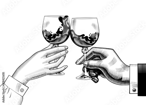 Friends raising a toast with glasses of wine at family dinner. Hands of man and woman cheering with glasses of wine. Friends cheering with wine glasses. Vector illustration.	