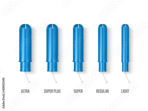 Vector 3d Realistic Blue Menstrual Hygiene Cutton Tampon with Applicator in Plastic Tube Icon Set Isolated in Different Sizes. Feminine Hygiene Design Template. Concept of Womens Health, Hygiene