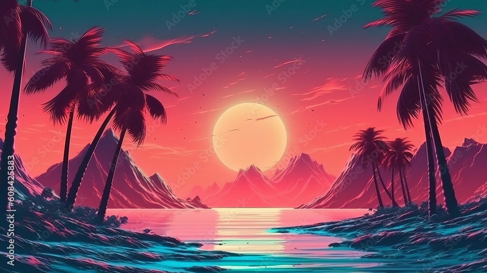 A picturesque sunset with palm trees in the foreground. Generative ai