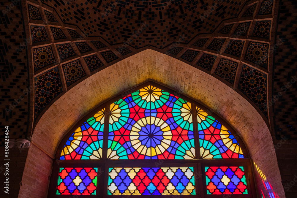 color window of pink mosque in iran