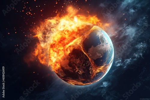 Global warming concept, Earth in flames with smoke.