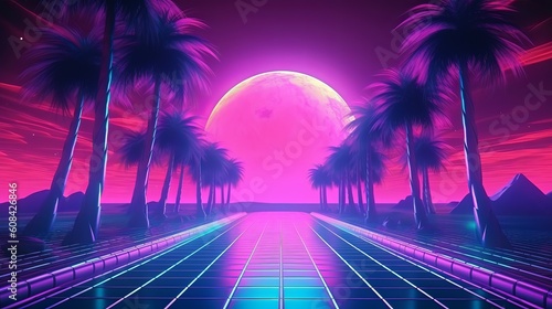 A surreal futuristic landscape with pink sun and palm trees. Generative ai