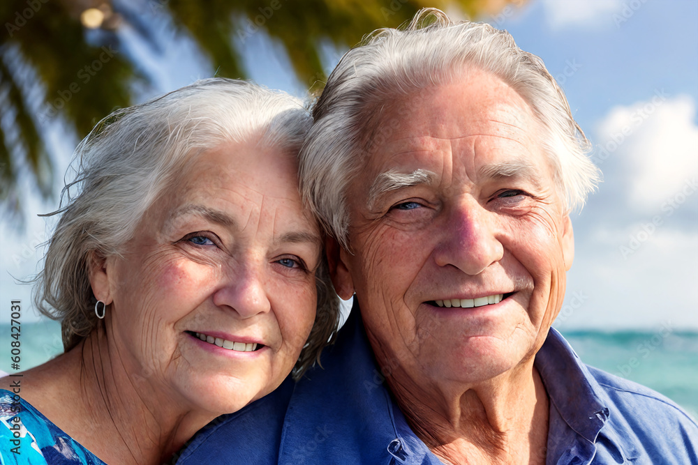 Smiling aged man and woman on the sea beach against the backdrop of ocean waves. Loving elderly couple. Happy old age. Generative AI