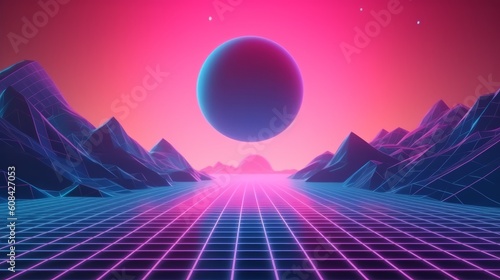 A stunning futuristic mountain landscape at sunset. Generative ai