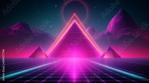 A neon-lit pyramid structure glowing in the night. Generative ai