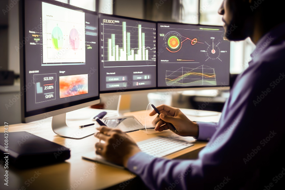 An analyst uses computer and dashboard for business data analysis and data management with KPIs and management connected to database, finance, technology, operations, sales and marketing Generative IA