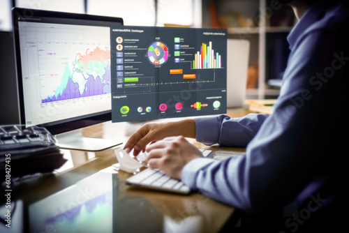 An analyst uses computer and dashboard for business data analysis and data management with KPIs and management connected to database, finance, technology, operations, sales and marketing Generative IA