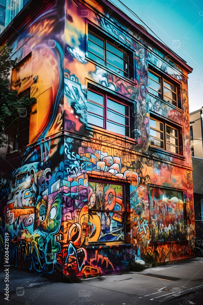 Fototapeta premium Vibrant colors and patterns of urban street art in a bustling cityscape at dusk with a wide-angle lens during the golden hour