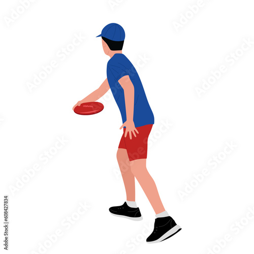 Boy goes in for sports, playing with the disc. Outdoor sports activities. Sportsman throwing flying disc. Flat vector illustration