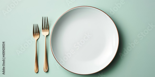 Top view of an empty plate with gold cutlery isolated on a flat pastel green background. Mockup of an empty food plate, above, banner template, copy space. Generative AI professional photo imitation.