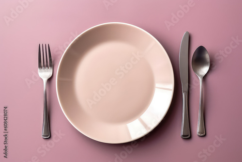 Top view of an empty pink plate with cutlery isolated on a flat pastel rosy background. Mockup of an empty food plate, above, banner template, copy space. Generative AI professional photo imitation.