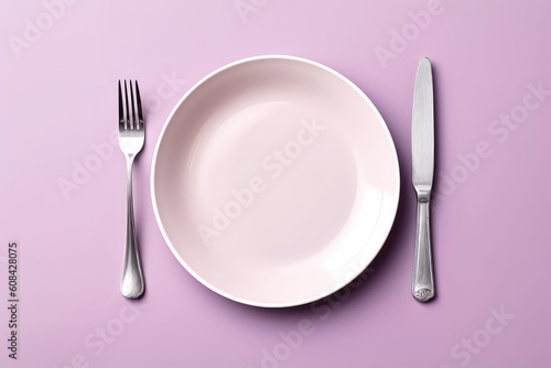 Top view of an empty white plate with cutlery isolated on flat pastel purple background. Mockup of an empty food plate, above, banner template, copy space. Generative AI professional photo imitation.