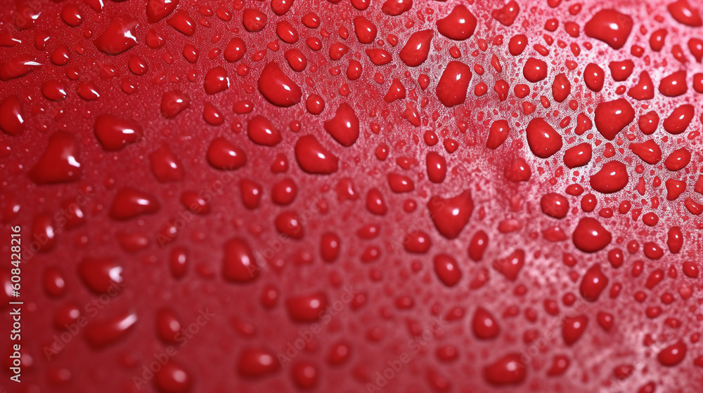 A smooth red surface is evenly dotted with water droplets generated by AI A smooth red surface is evenly dotted with water droplets generated by AI